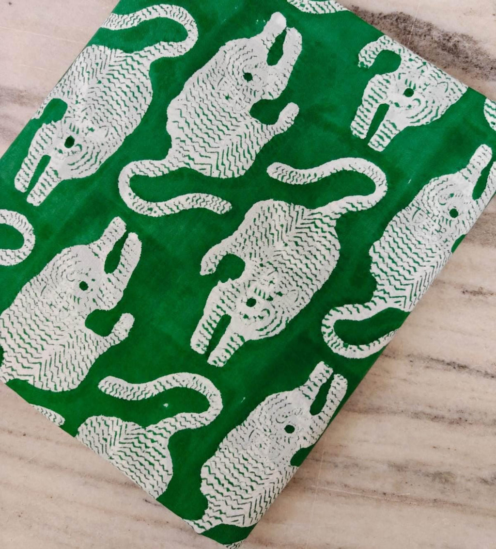 Green Elephant Hand Block Print Cotton Fabric, Indian Animal Print Textile, Quilting, Upholstery, Nursery Craft Fabric, Safari Theme Fabric