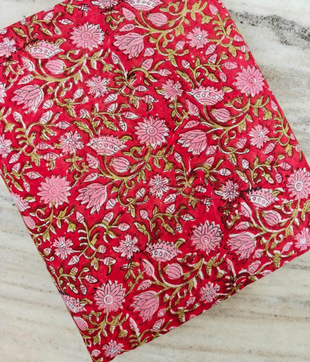 Red Floral Cotton Fabric, Hand Block Print Fabric, Indian Cotton Textile, Dressmaking Vintage Style Flower Fabric, Quilting Fabric, Napkins