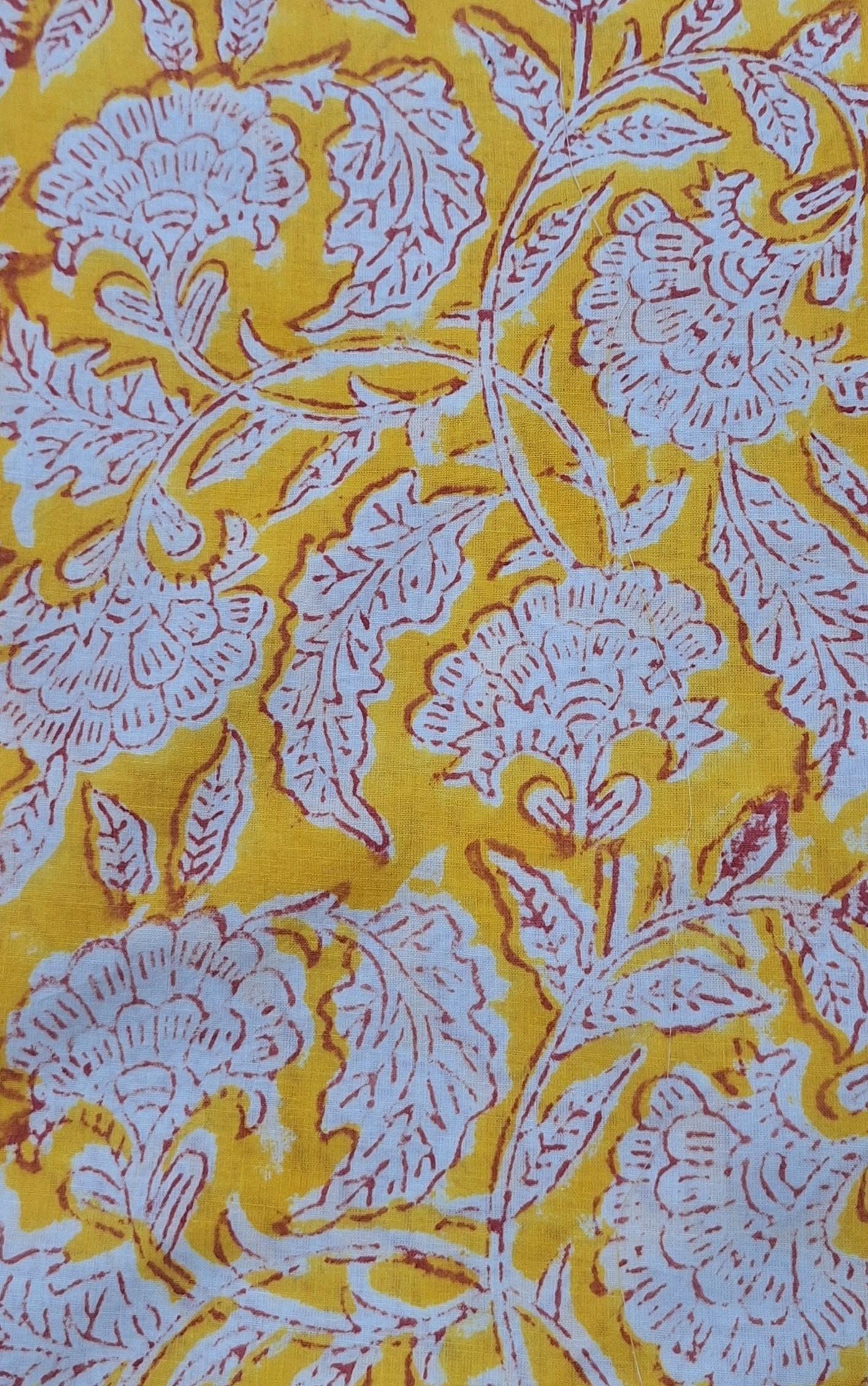 Yellow Floral Cotton Fabric, Hand Block Print Cotton, Indian Floral Fabric by the Yard, Summer Dress Fabric, Craft Sewing Material, Napkins
