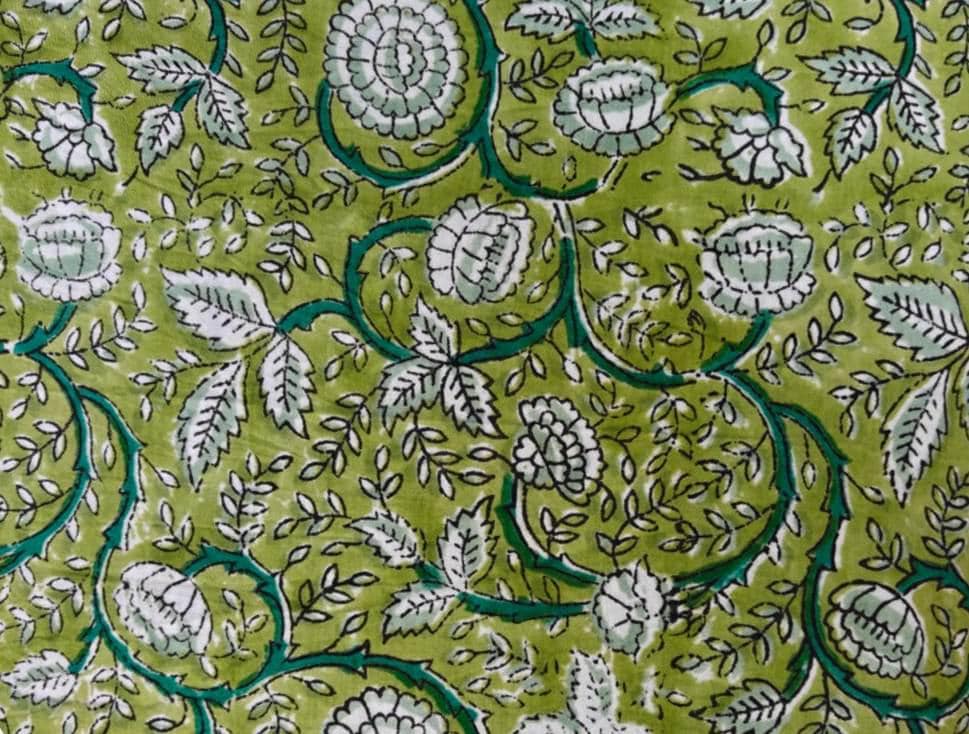 Green Soft Cotton, Indian Hand Block Print Style Cotton, Floral 100% Cotton Fabric By The Yard, Fabric for Loose Running, Vine Flower Fabric