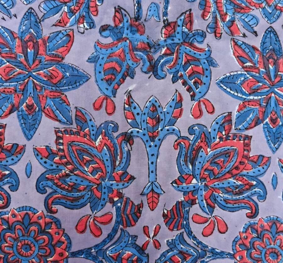 Lavender Blue Floral Cotton Fabric, Indian Block Print Style, Boho Flower Fabric, Soft Breathable Fabric for Sewing, Quilting, Dressmaking