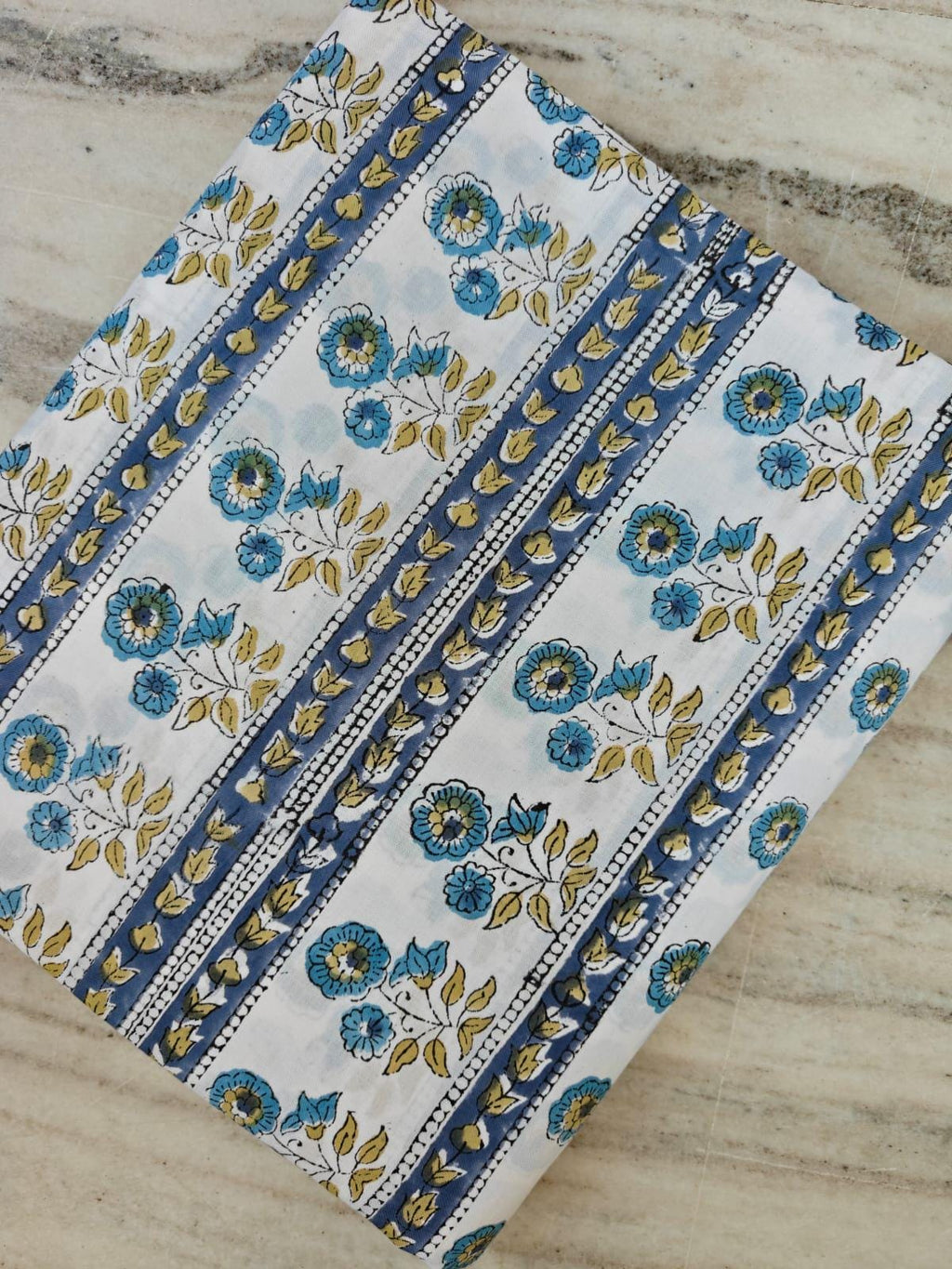 Blue Floral Stripe Cotton Fabric, Indian Block Print Fabric by Yard, White Base Flower Print, Boho Quilting Sewing Dressmaking Craft Fabric