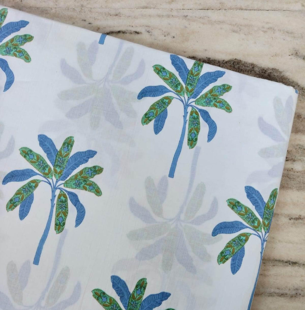 Blue Green Palm Tree Cotton Fabric, Tropical Print Fabric by the Yard, Beach Theme Sewing Fabric, Lightweight Cotton for Quilting & Apparel