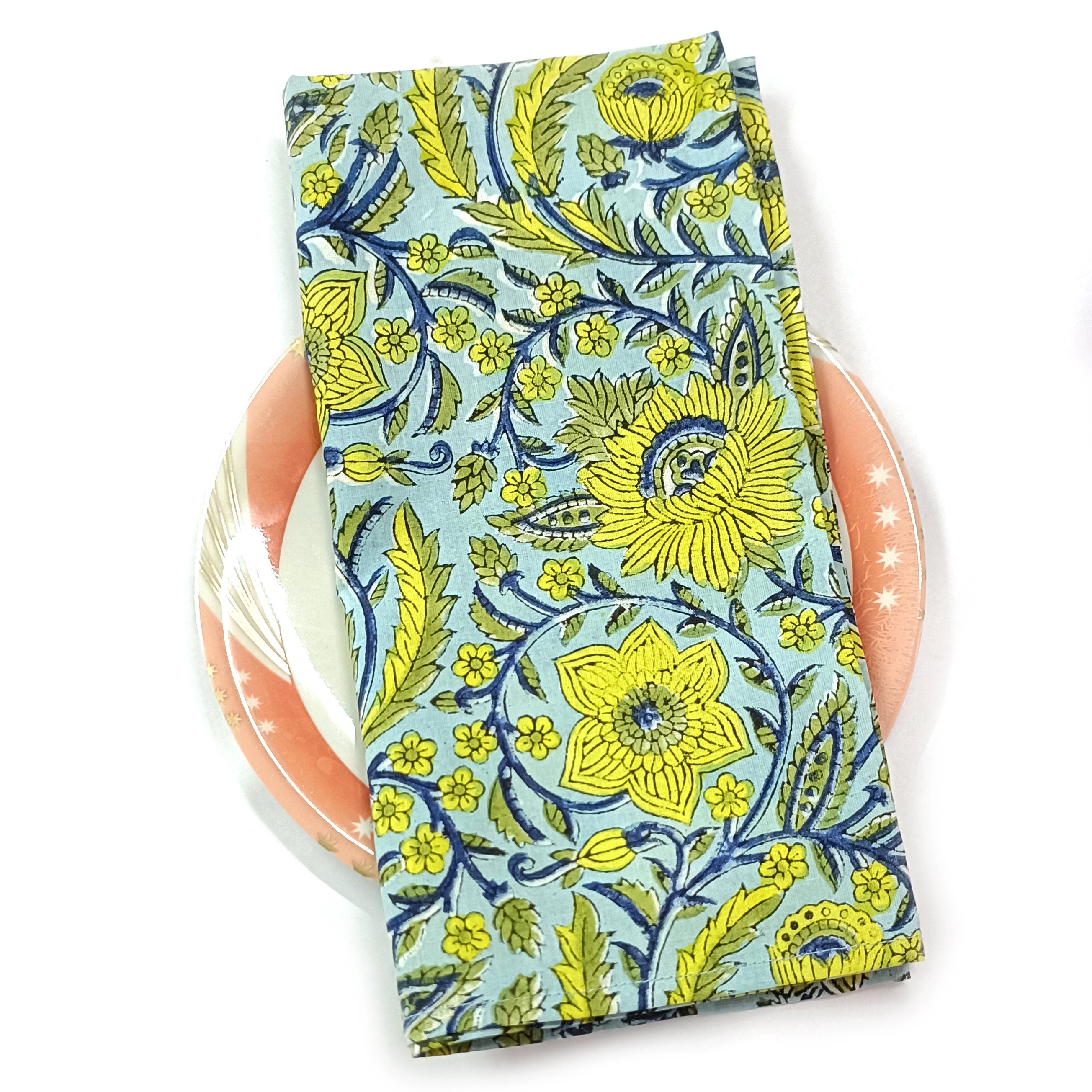 Handmade Organic Cotton Dinner Napkins: Floral Block Print, 20x20 Inches