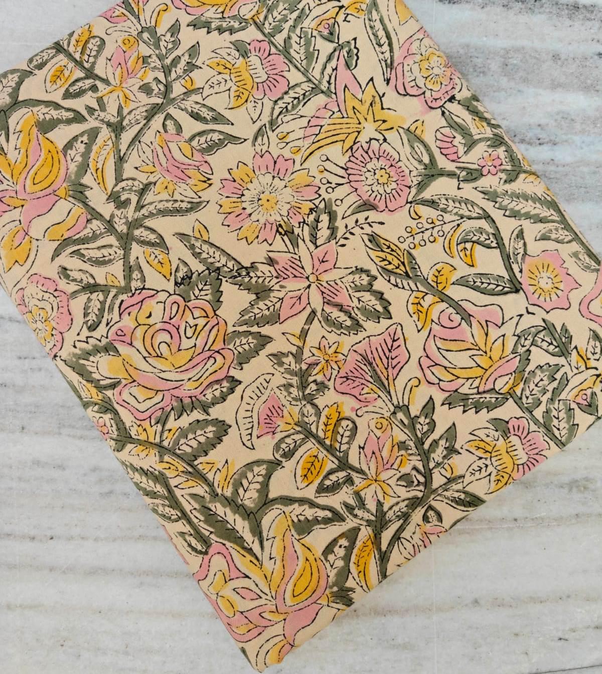 Green Floral Cotton Fabric, Colourful Hand Block Print Fabric By The Yard, Indian Soft Cotton for Quilting, Dressmaking, Sewing & Crafts