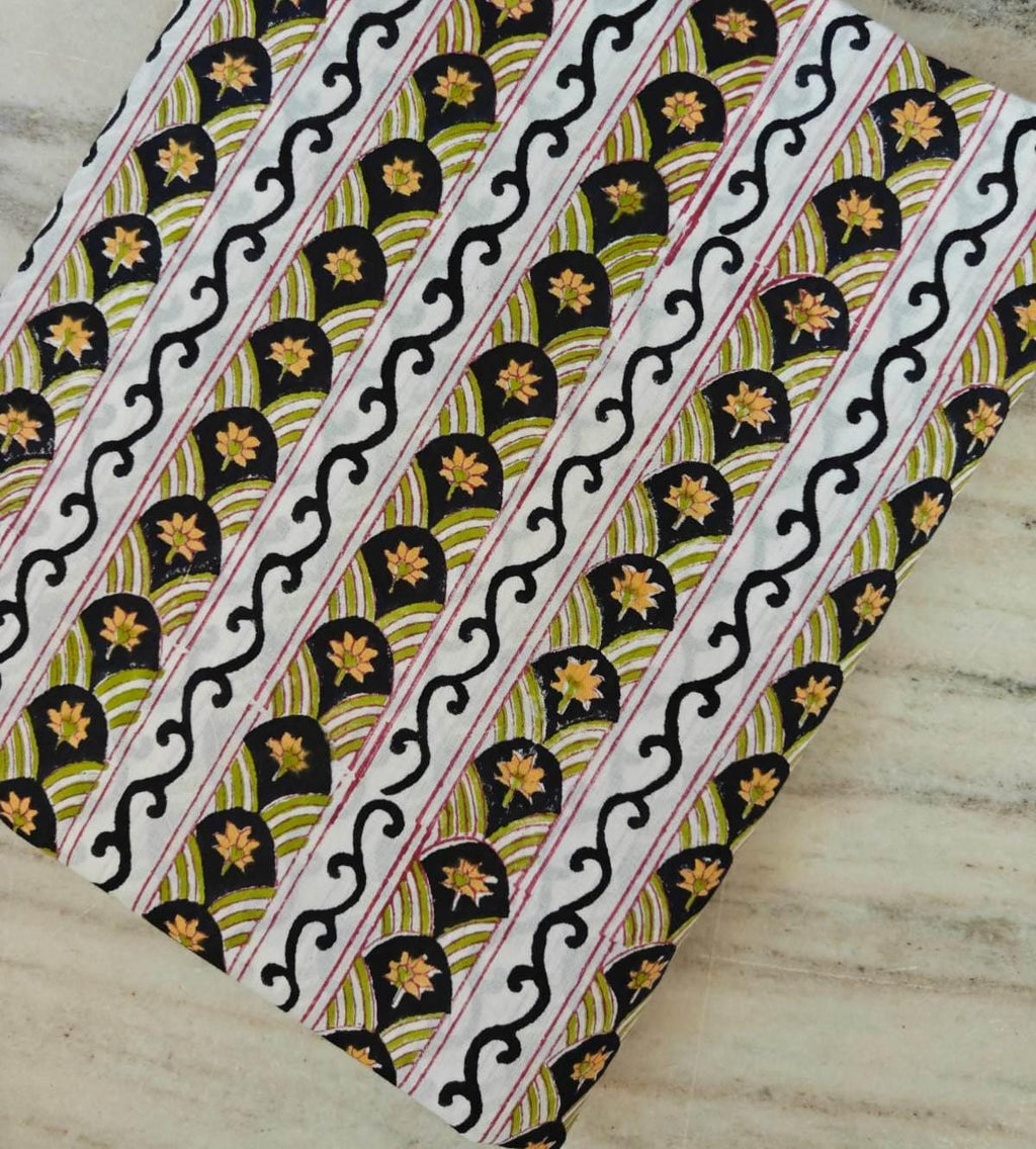 Black and White Cotton Fabric by Yard, Indian Hand Block Print Fabric, Geometric Floral Stripe Cotton Dressmaking, Quilting & Home Decor