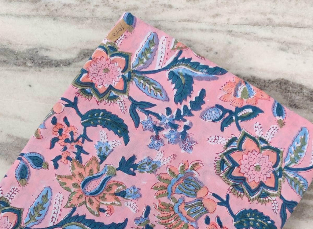 Pink Floral Cotton Fabric by the Yard | Hand Block Printed Indian Fabric for Sewing, Quilting, Dressmaking | Soft Lightweight Cotton Fabric