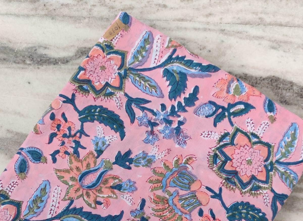 Pink Floral Cotton Fabric by the Yard | Hand Block Printed Indian Fabric for Sewing, Quilting, Dressmaking | Soft Lightweight Cotton Fabric