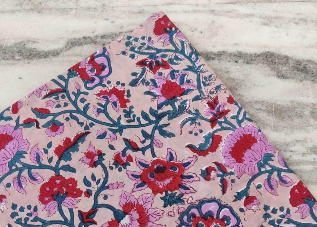 Pink Cotton Fabric with Red & Purple Floral Print, Hand Block Print Fabric by the Yard, Soft Indian Cotton for Quilting, Dressmaking Crafts