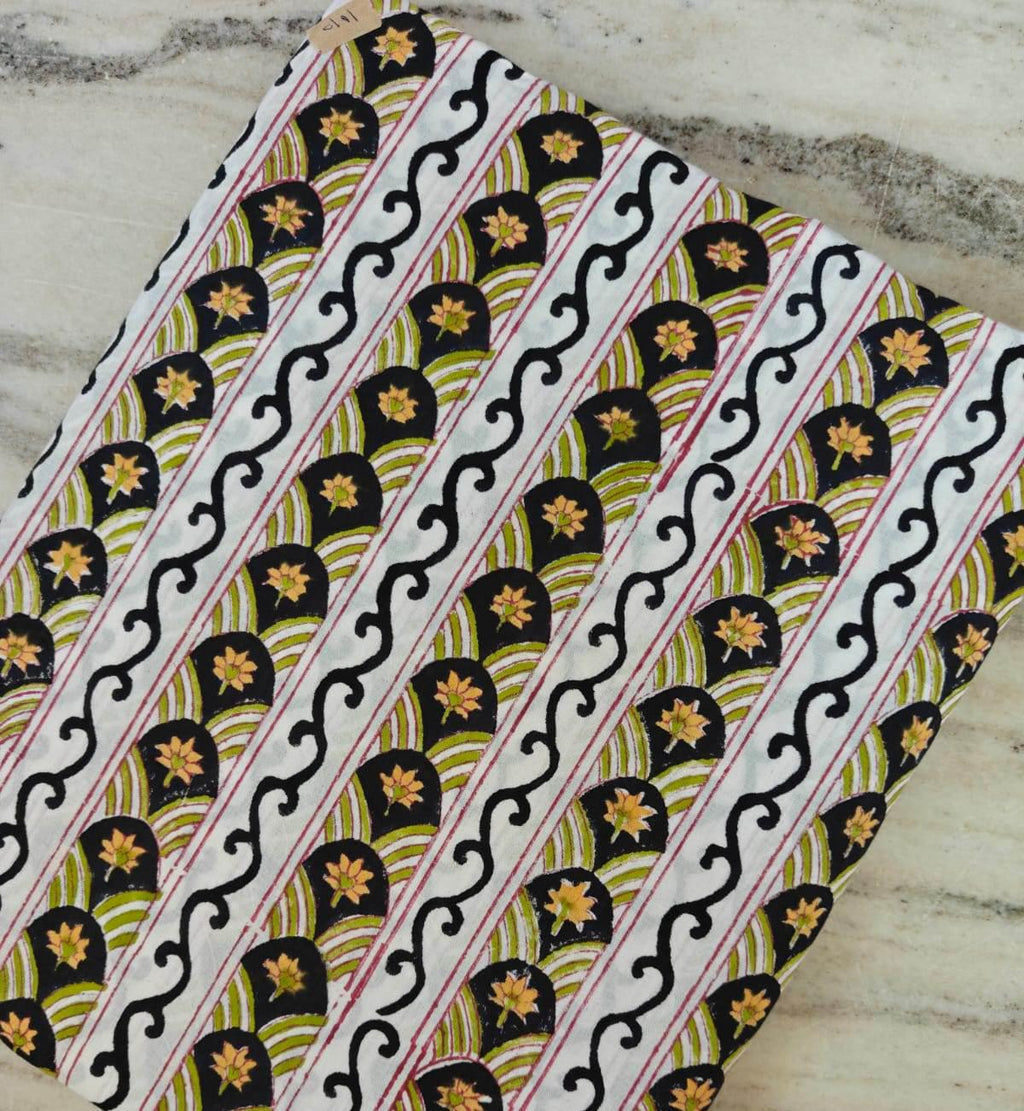 Black and White Cotton Fabric by Yard, Indian Hand Block Print Fabric, Geometric Floral Stripe Cotton Dressmaking, Quilting & Home Decor