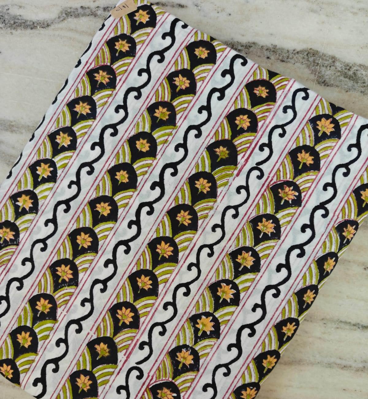 Black and White Cotton Fabric by Yard, Indian Hand Block Print Fabric, Geometric Floral Stripe Cotton Dressmaking, Quilting & Home Decor