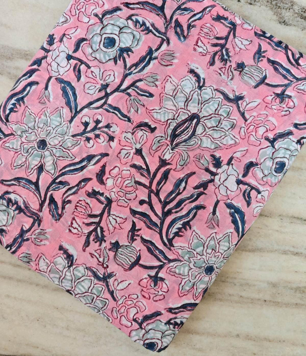 Pink Floral Cotton Fabric, Vintage Botanical Vine Print Fabric, Blue Green Flower Pattern Fabric, Sewing Craft Dressmaking Cotton Textile