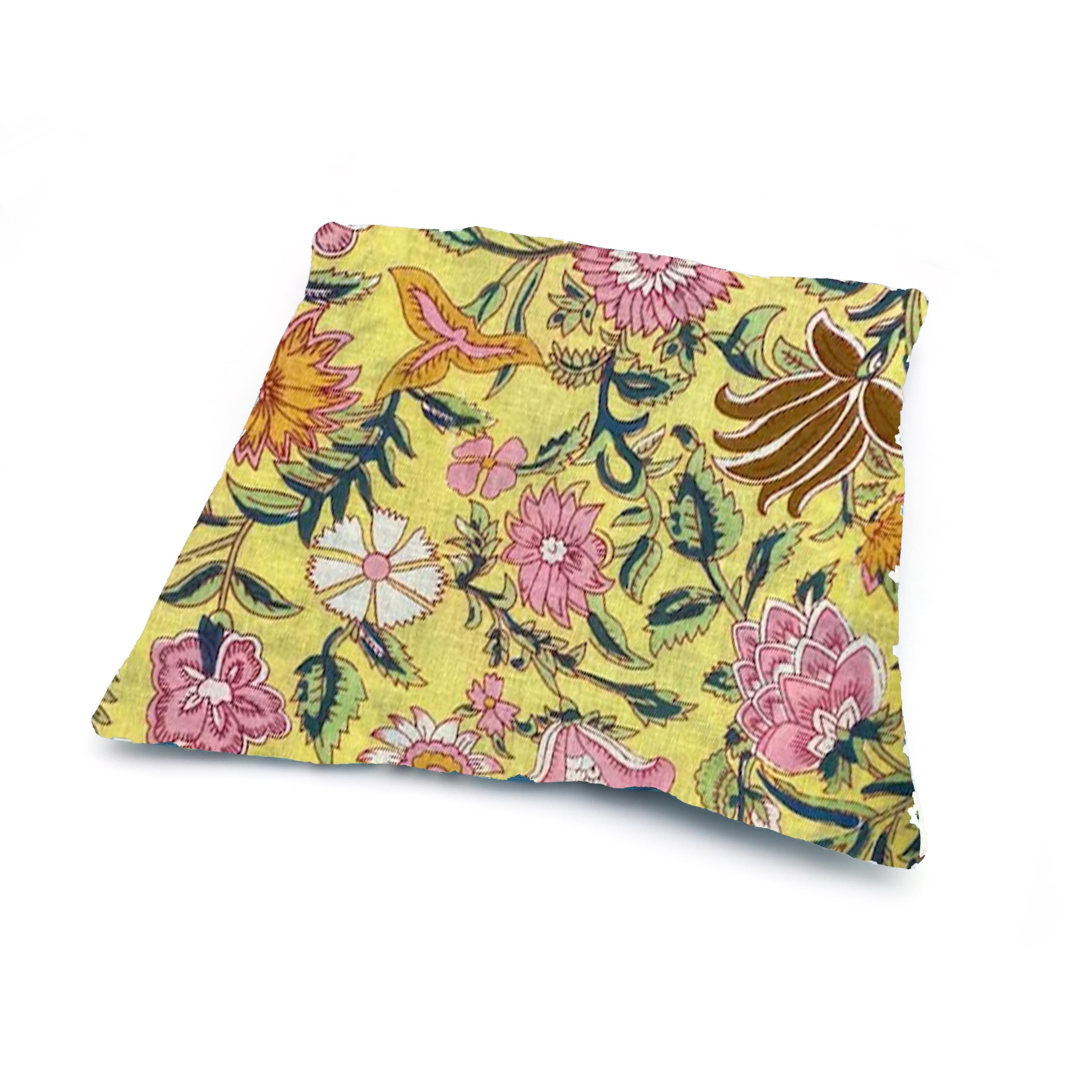 Yellow Floral Cotton Cushion Cover | Hand Block Print Pillow Cover | Pink Flower Throw Pillow | Boho Decorative Cushion | Indian Home Decor