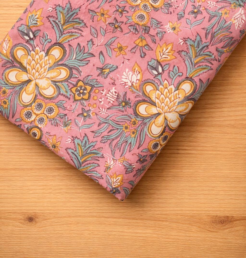 Pink Floral 100% Cotton Fabric, Indian Hand Block Print Fabric, Quilting Fabric By The Yard, Fabric For Dress Making, Loose Running Fabric