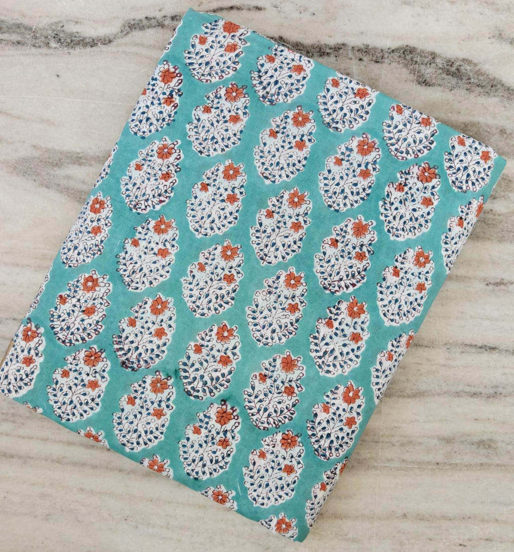 Hand Block Print Cotton Fabric, Turquoise Floral Indian Fabric, Boho Craft Textile, Soft Lightweight Cotton Yardage for Sewing, Quilting