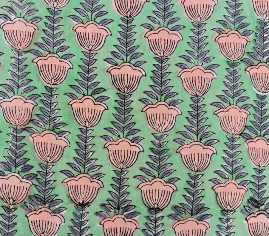 Mint Green Floral Cotton Fabric by Yard, Pink Tulip Hand Block Print Fabric, Indian Cotton Material for Dress, Quilting, Craft & Home Decor