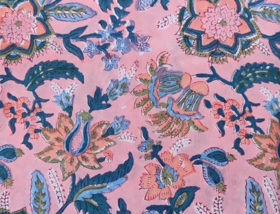 Pink Floral Cotton Fabric by the Yard | Hand Block Printed Indian Fabric for Sewing, Quilting, Dressmaking | Soft Lightweight Cotton Fabric