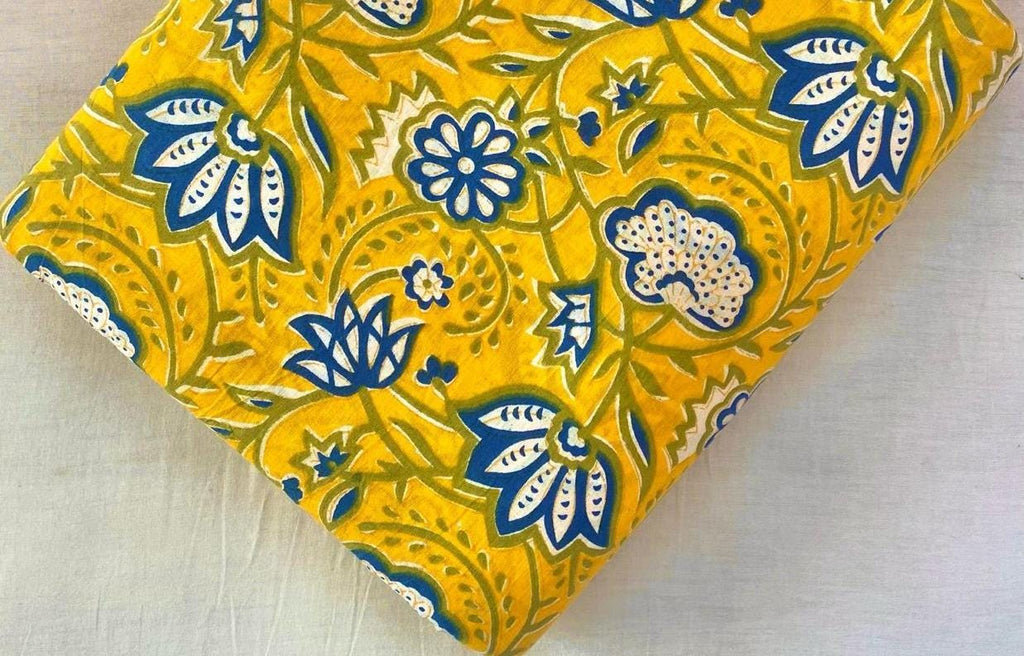 Yellow Indian Hand Block Print Fabric, 100% Cotton Quilting Fabric By The Yard, Fabric For Dress Making, Loose Running Fabric, Napkin Fabric