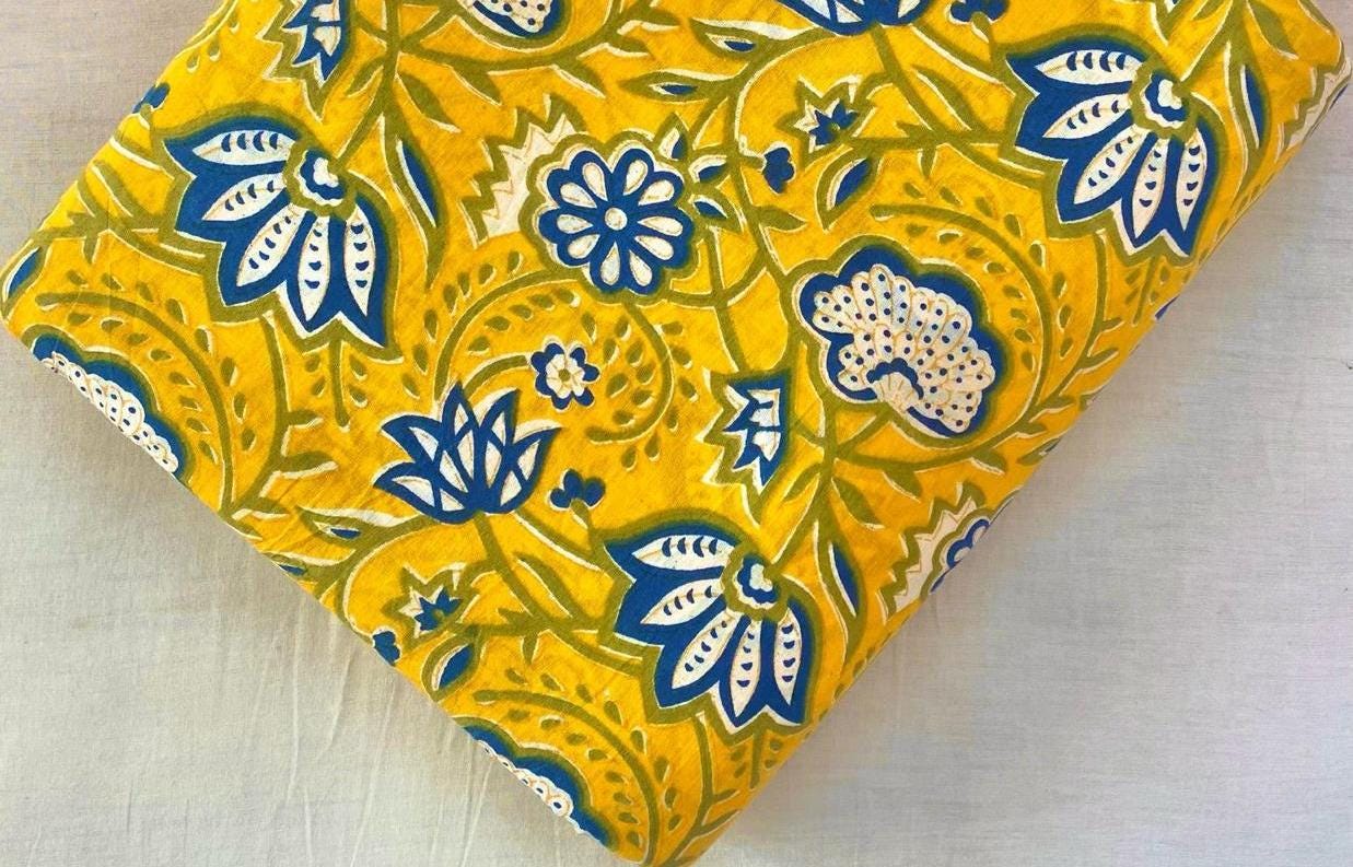 Yellow Indian Hand Block Print Fabric, 100% Cotton Quilting Fabric By The Yard, Fabric For Dress Making, Loose Running Fabric, Napkin Fabric