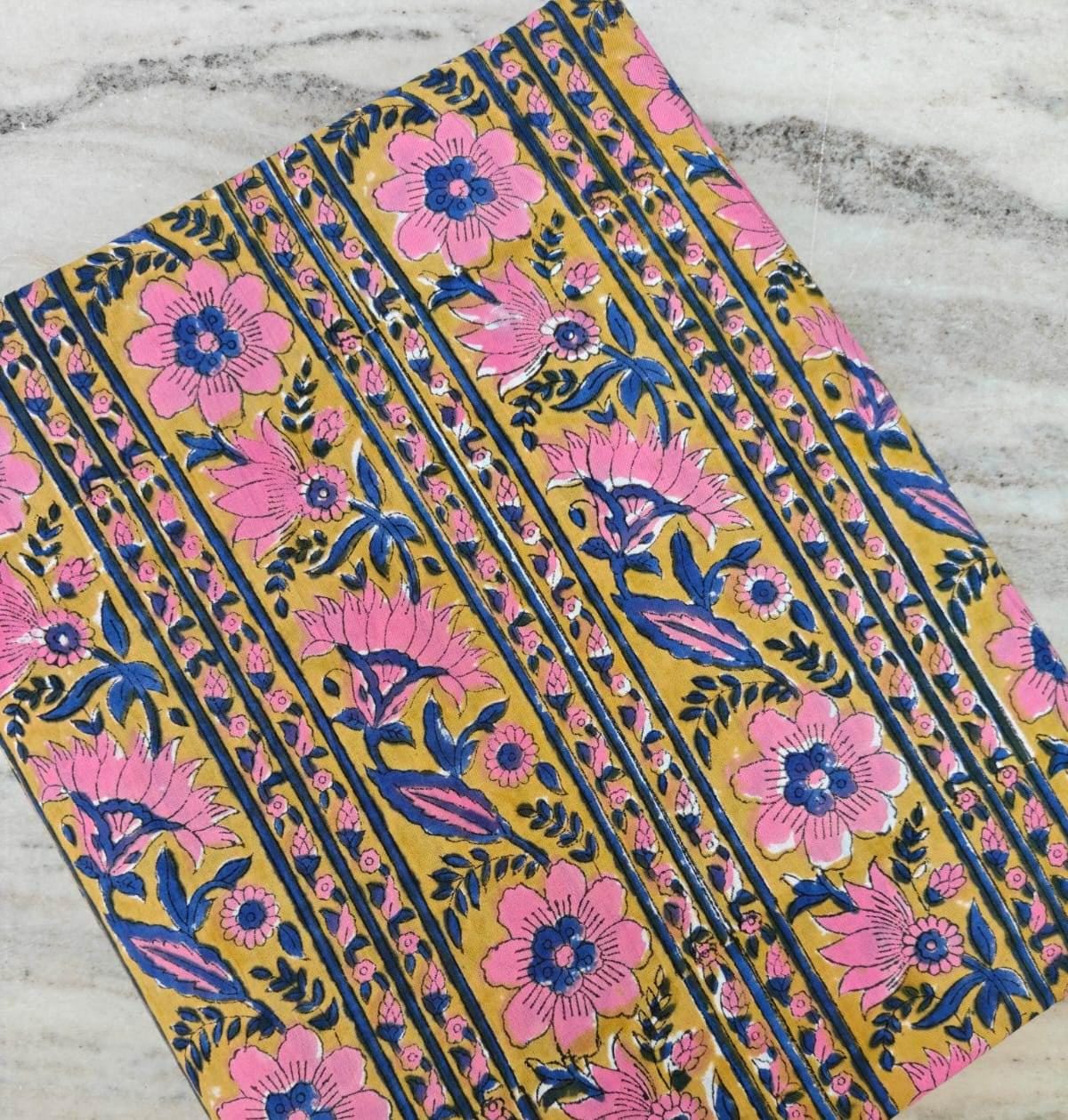 Mustard Yellow Floral Cotton Fabric, Pink Blue Indian Block Print, Stripe Boho Fabric by Yard, Quilting Sewing Dressmaking Quilting Napkins