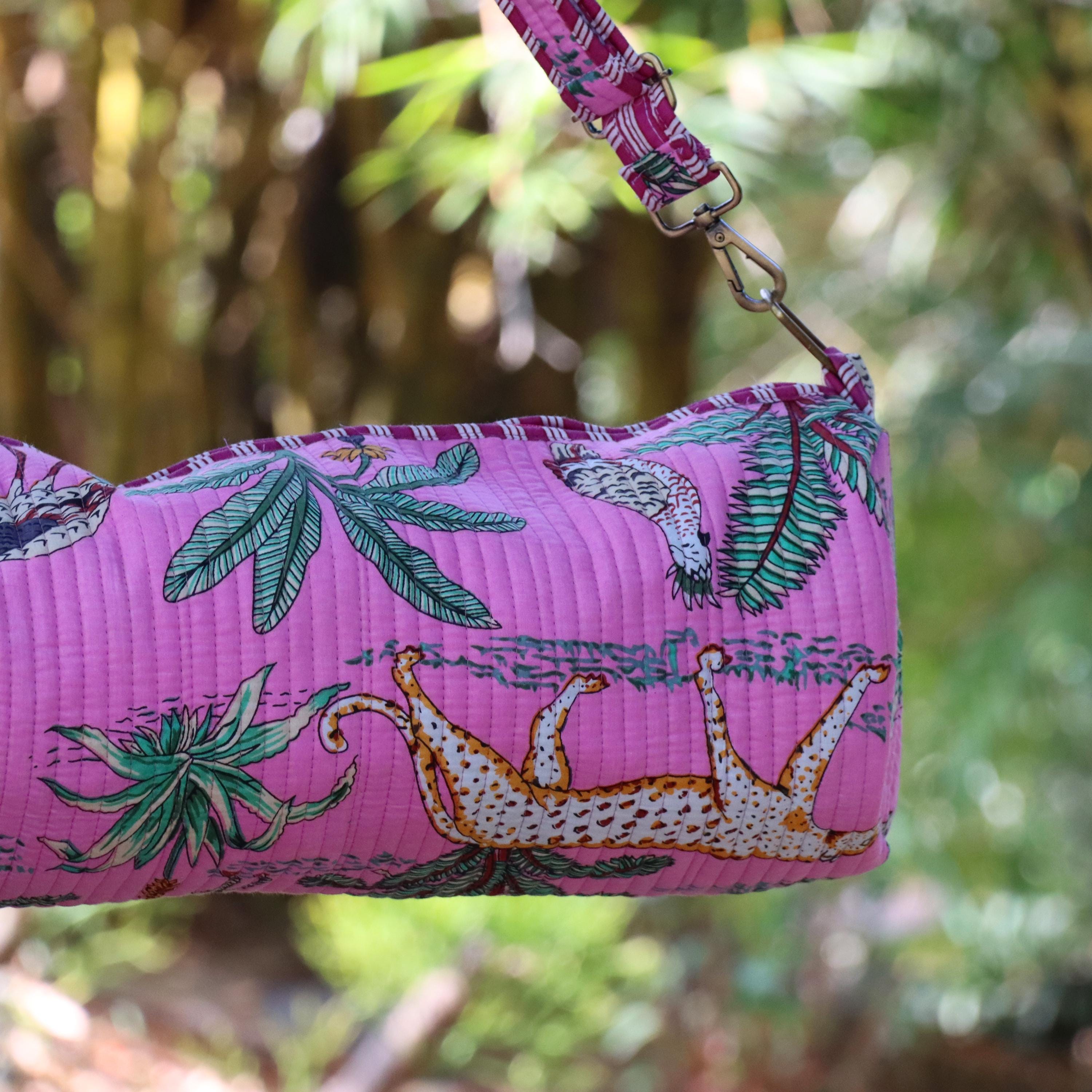 Handmade Yoga Mat Bag, Pink Safari Pattern, Adjustable Strap, Pink Jungle Yoga Mat Holder, Animal Print Gym & Pilates Bag
