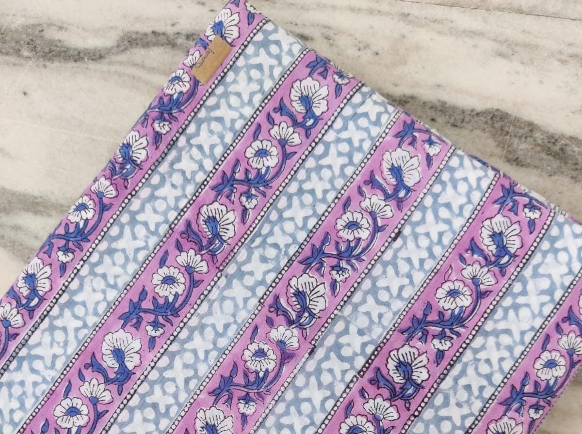 Lavender Blue Indian Hand Block Print Fabric, 100% Cotton Quilting Fabric By The Yard, Dressmaking Fabric, Loose Running Fabric, Napkin