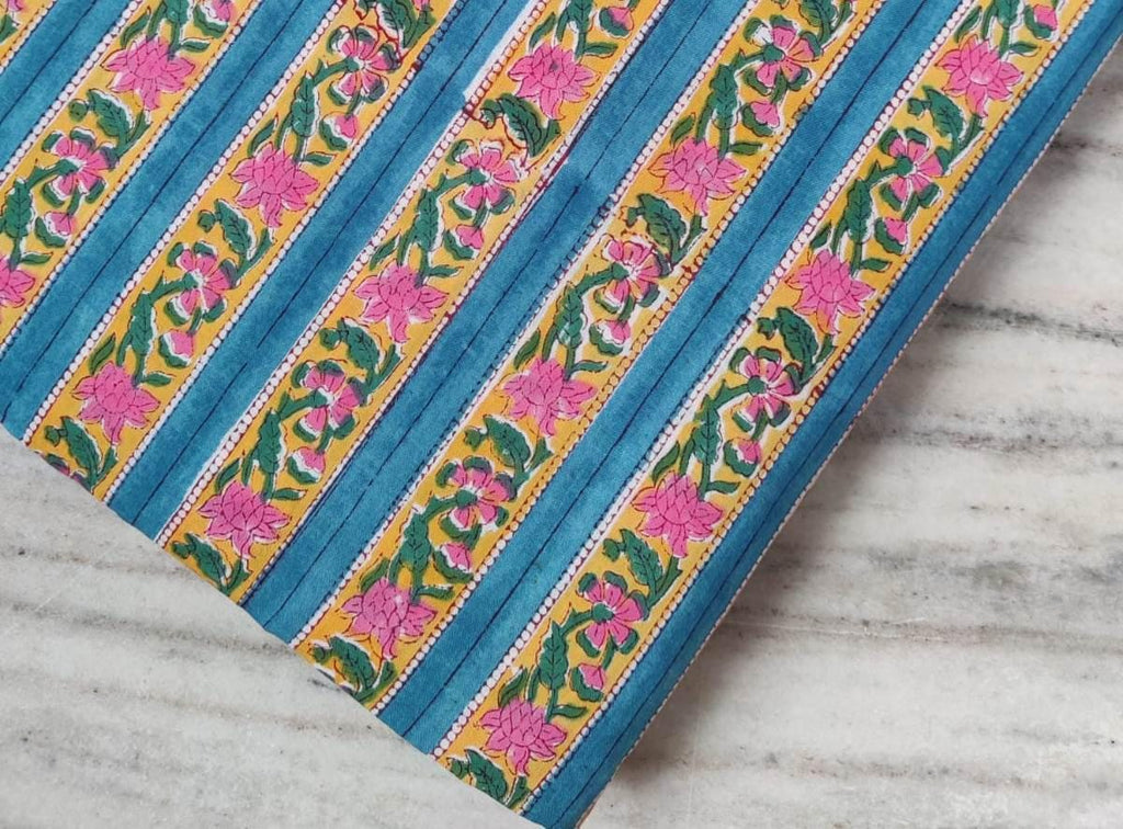 Striped Floral Cotton Fabric by the Yard, Blue Yellow Pink Hand Block Print Fabric, Indian Cotton for Sewing, Quilting, Dressmaking & Crafts