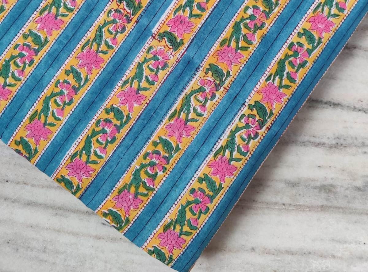 Striped Floral Cotton Fabric by the Yard, Blue Yellow Pink Hand Block Print Fabric, Indian Cotton for Sewing, Quilting, Dressmaking & Crafts