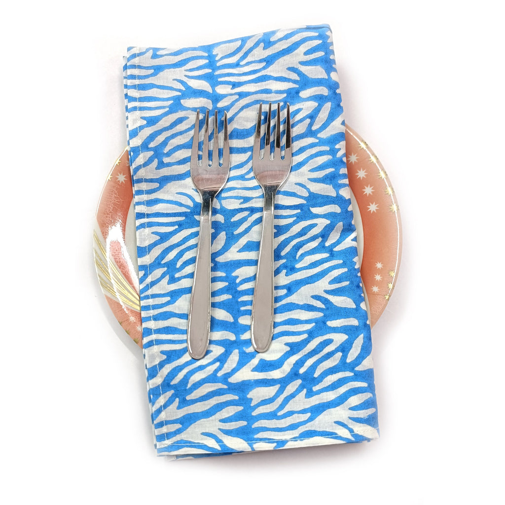Blue Abstract Print Cotton Napkin Set, Hand Block Printed Cloth Napkins, Reusable Eco Friendly Dinner Napkins, Modern Table Linen, Sustainable Kitchen Decor Set of 4