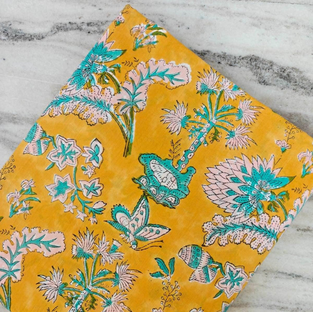 Yellow Floral Cotton Fabric by Yard, Teal Pink Hand Block Print Fabric, Indian Cotton Material for Dress, Quilting, Craft & Home Decor