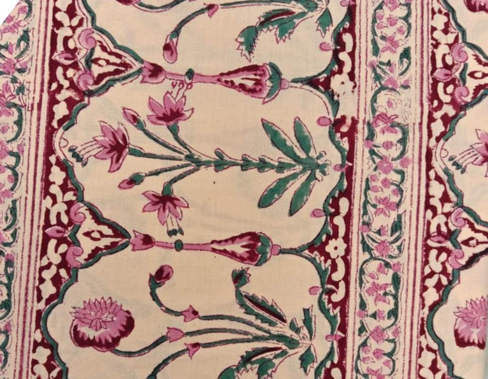 Beige Floral Cotton Fabric with Border, Soft Cotton Fabric, Indian Hand Block Fabric, 100% Cotton Fabric By The Yard, Loose Running Fabric