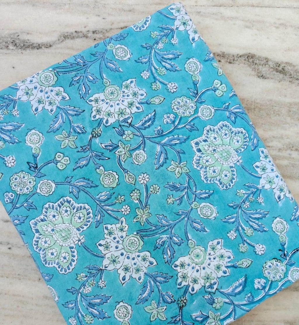 Turquoise Floral Cotton Fabric, Block Print Style Fabric, Blue Green Floral Yardage, Soft Cotton Craft Fabric, Dressmaking Quilting Napkins