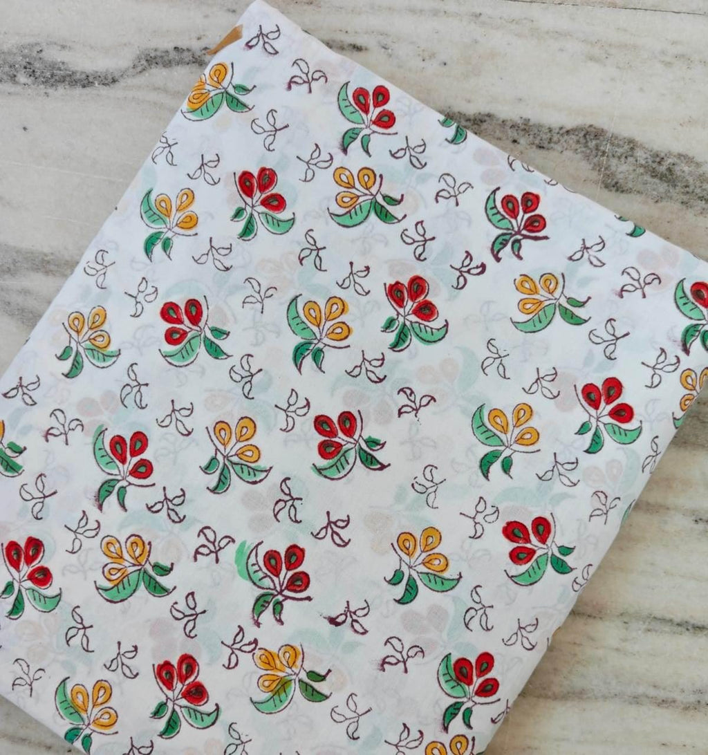 Floral Buti Hand Block Print Cotton Fabric, Indian Jaipur Cotton Textile, Red Yellow Green Floral Fabric, Sewing Quilting Craft Fabric