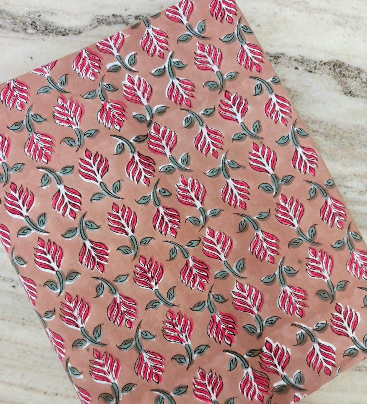 Peach Pink Floral Cotton Fabric, Hand Block Print Fabric, Indian Cotton Textile, Soft Craft Fabric, Dressmaking Quilting Fabric by Yard