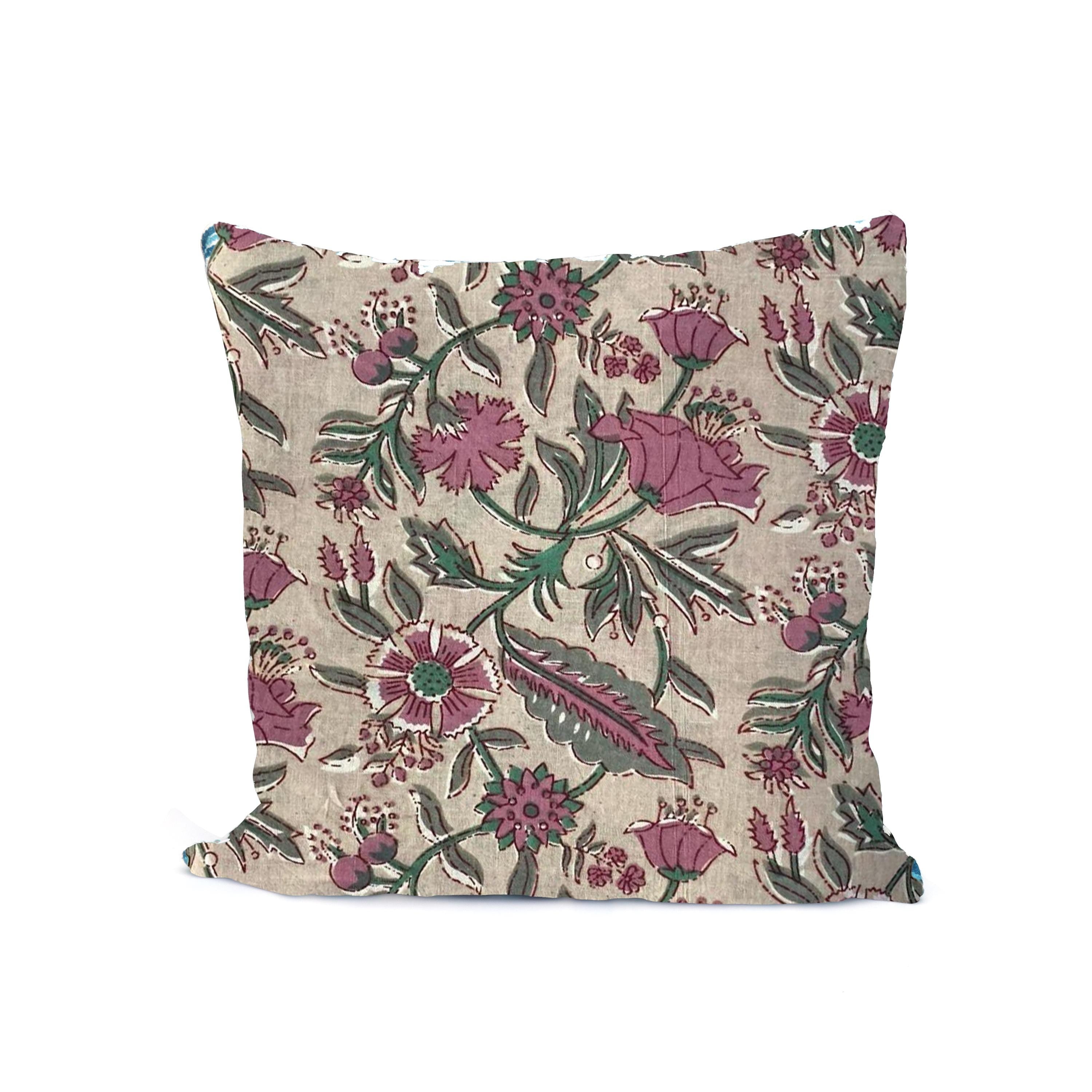 Beige Floral Cushion Cover, Vintage Botanical Pillow Cover, Mauve Purple Flower Throw Pillow, Cottagecore Block Print Style, Farmhouse Decor