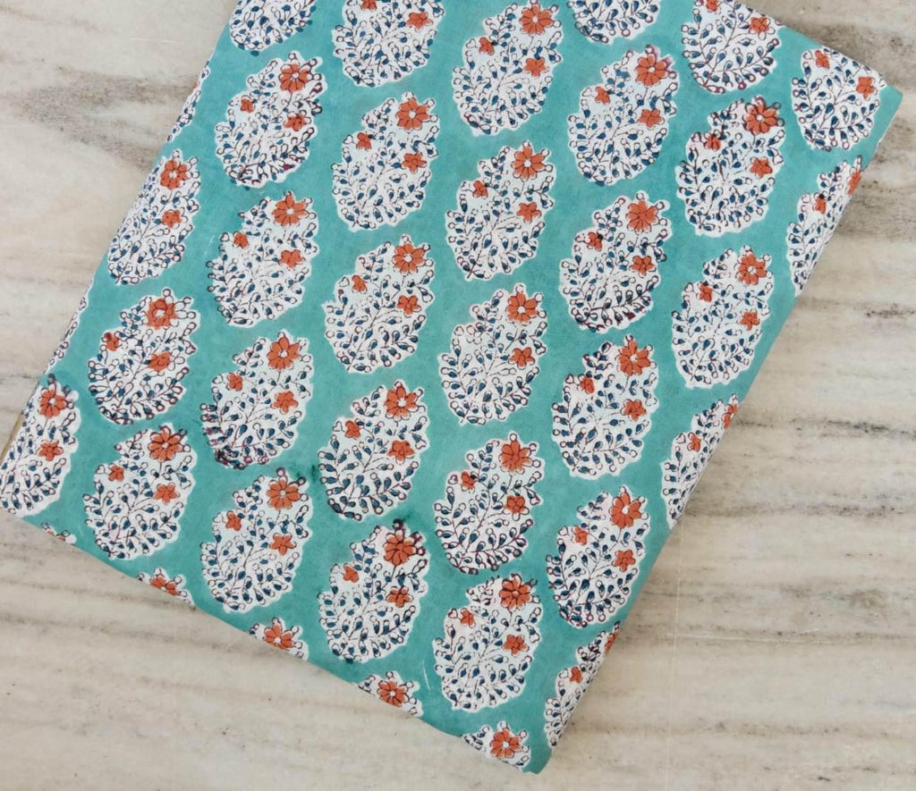 Hand Block Print Cotton Fabric, Turquoise Floral Indian Fabric, Boho Craft Textile, Soft Lightweight Cotton Yardage for Sewing, Quilting