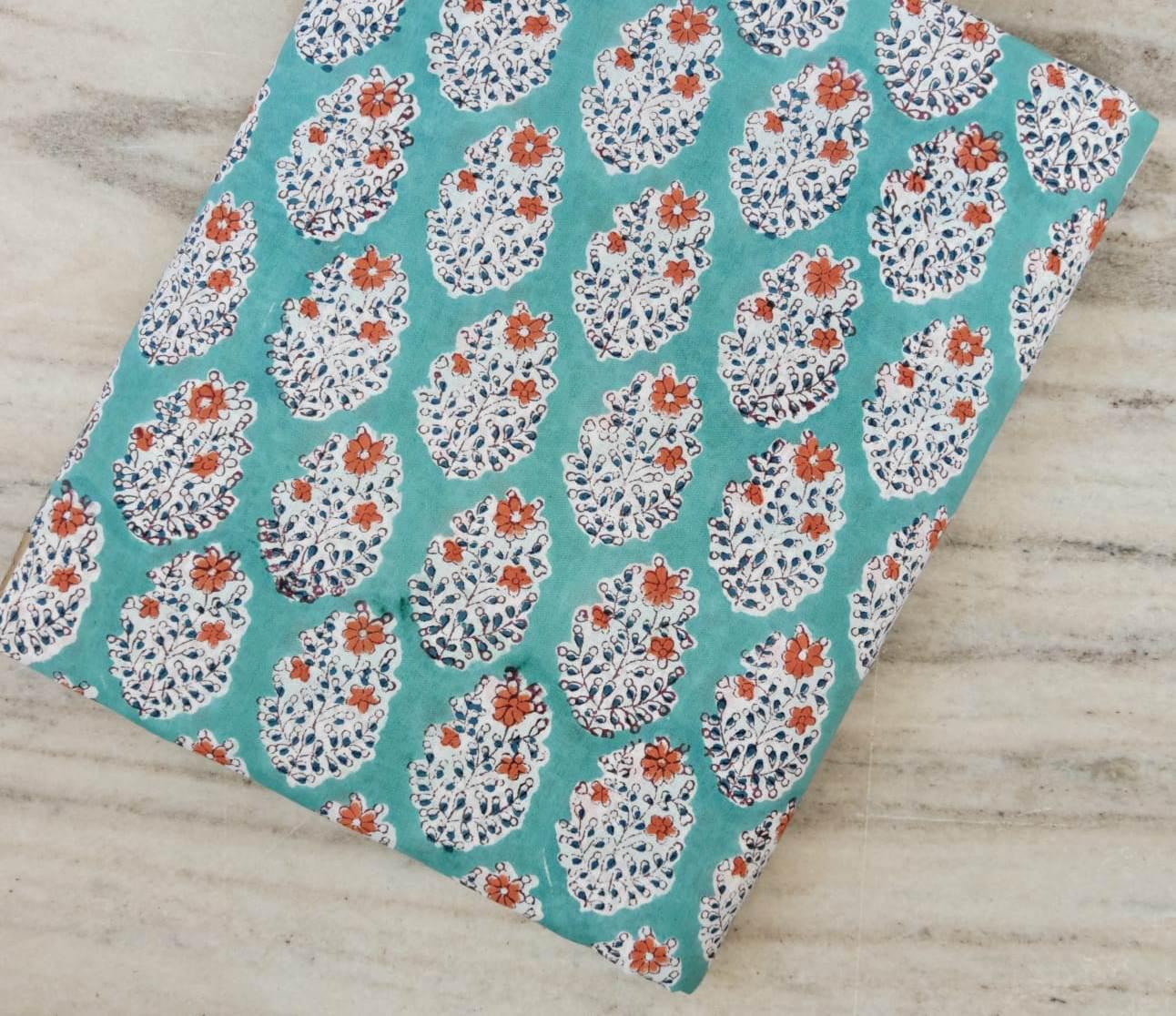 Hand Block Print Cotton Fabric, Turquoise Floral Indian Fabric, Boho Craft Textile, Soft Lightweight Cotton Yardage for Sewing, Quilting