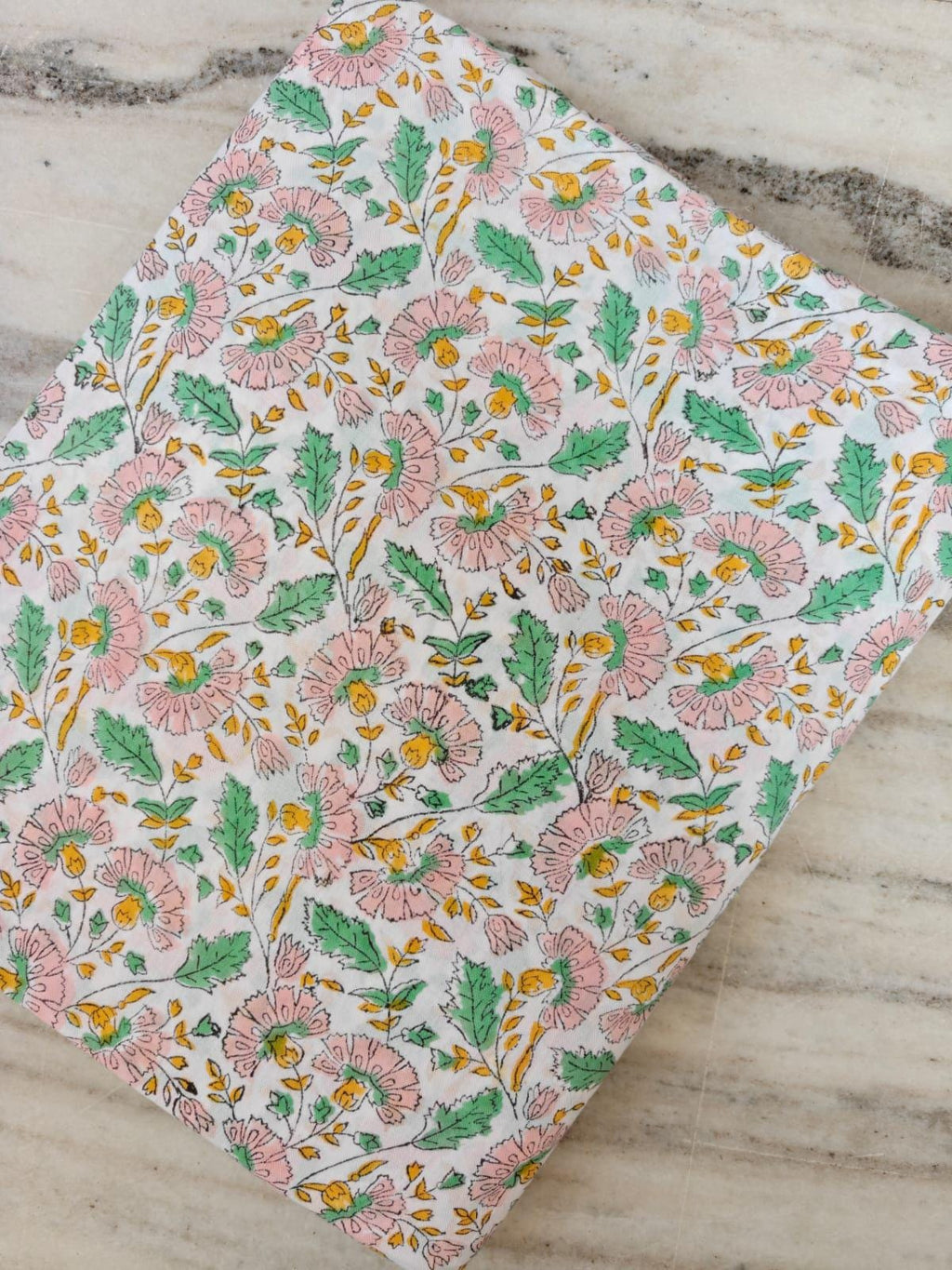 Floral Cotton Fabric by the Yard, Pink Green Yellow Block Print Fabric, Indian Hand Block Print Cotton, Small Quilting Dressmaking Fabric