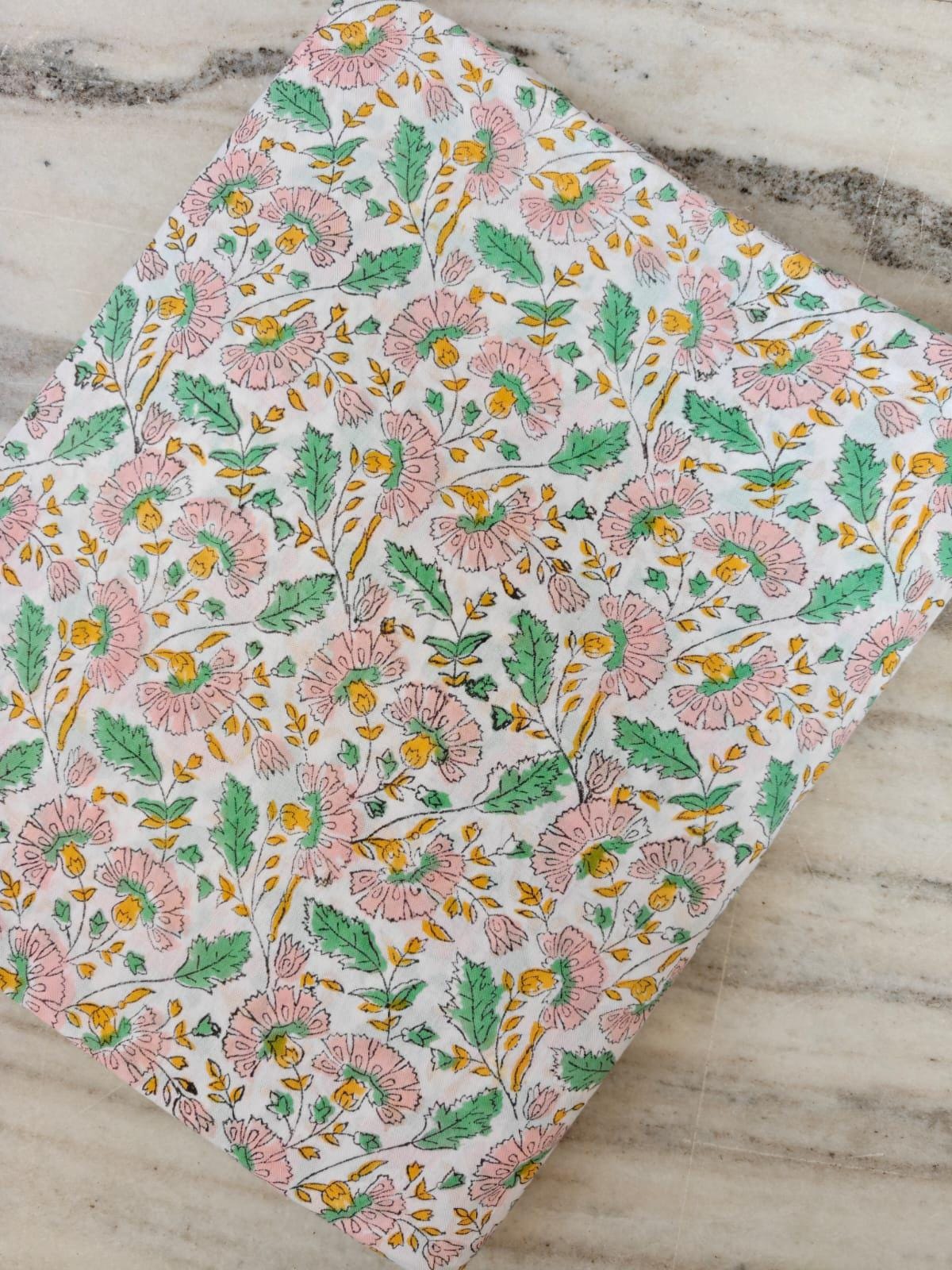 Floral Cotton Fabric by the Yard, Pink Green Yellow Block Print Fabric, Indian Hand Block Print Cotton, Small Quilting Dressmaking Fabric