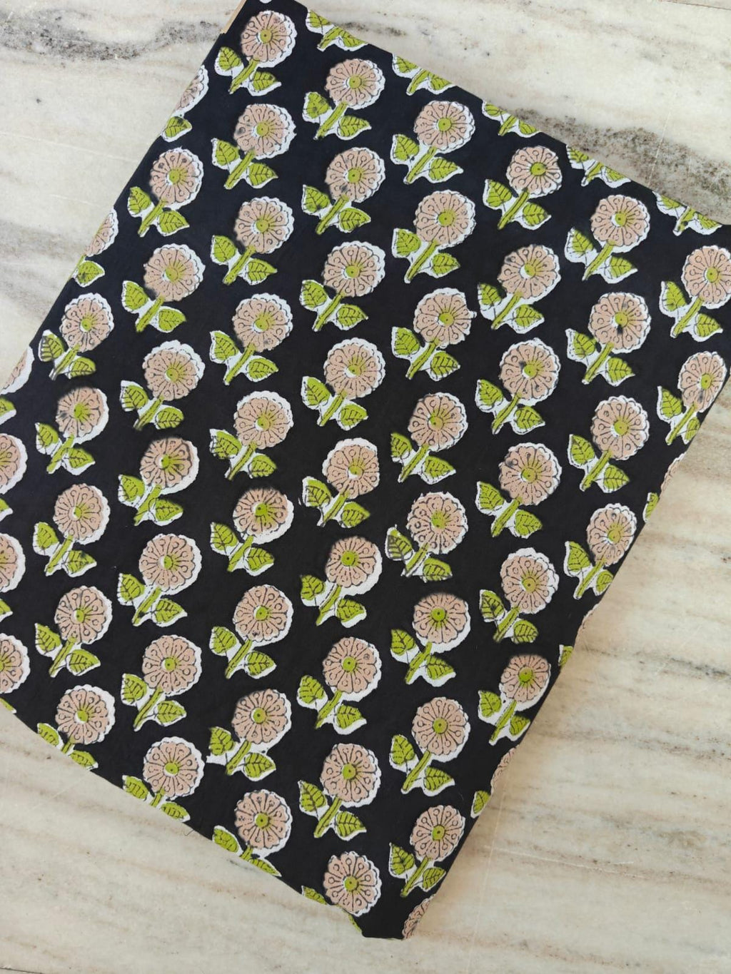 Black Floral Cotton Fabric by the Yard – Small Block Print Flower – Green & Beige Indian Handmade Textile, Soft White Cotton for Dressmaking