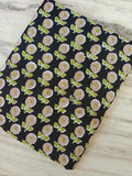 Black Floral Cotton Fabric by the Yard – Small Block Print Flower – Green & Beige Indian Handmade Textile, Soft White Cotton for Dressmaking