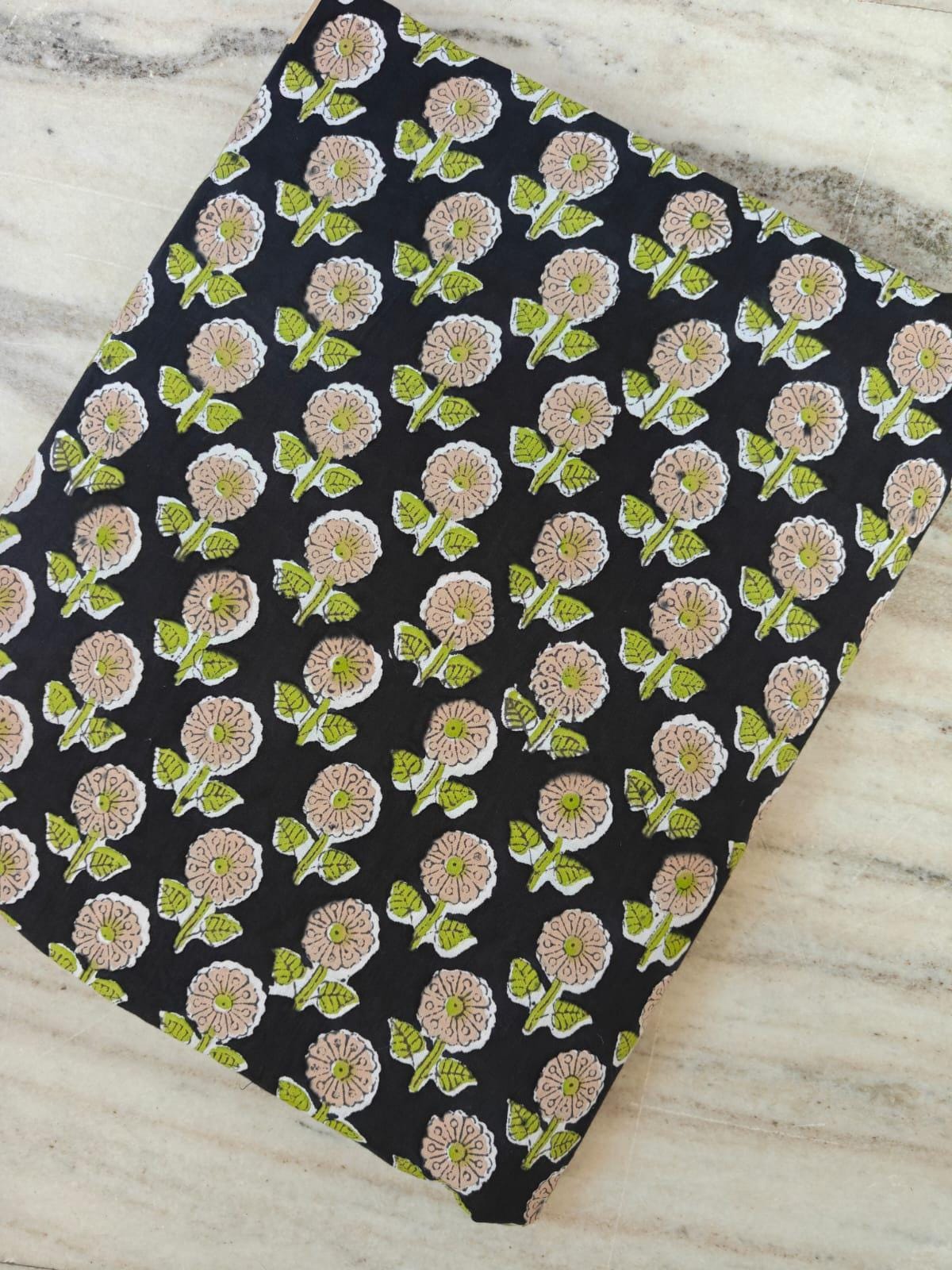 Black Floral Cotton Fabric by the Yard – Small Block Print Flower – Green & Beige Indian Handmade Textile, Soft White Cotton for Dressmaking