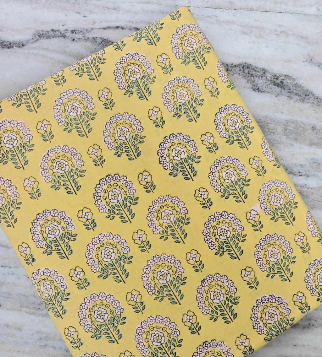 Hand Block Print Cotton Fabric, Yellow Floral Buta Pattern, Soft Lightweight Indian Cotton for Dressmaking, Quilting & Sewing, Napkins