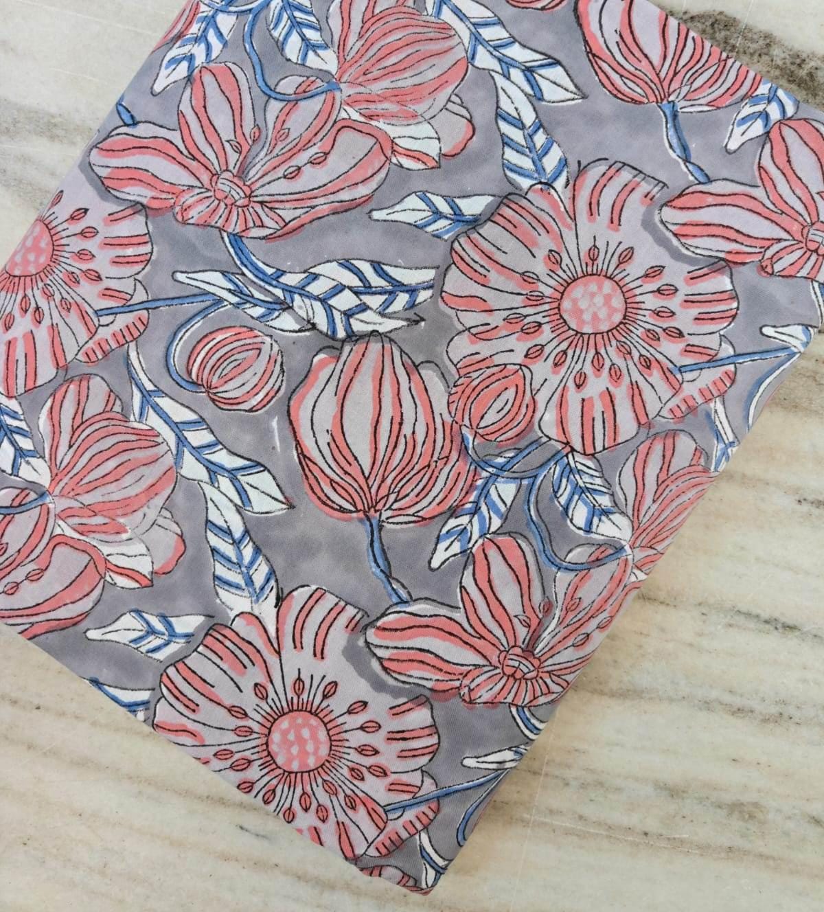 Coral Pink Floral Cotton Fabric on Grey, Handblock Style Botanical Print, Soft Quilting Fabric, Dressmaking Material, Modern Vintage Textile