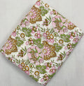 Green Hand Block Print Fabric, Floral 100% Cotton Quilting Fabric By The Yard, Fabric For Dress Making, Loose Running Fabric, Napkin Fabric