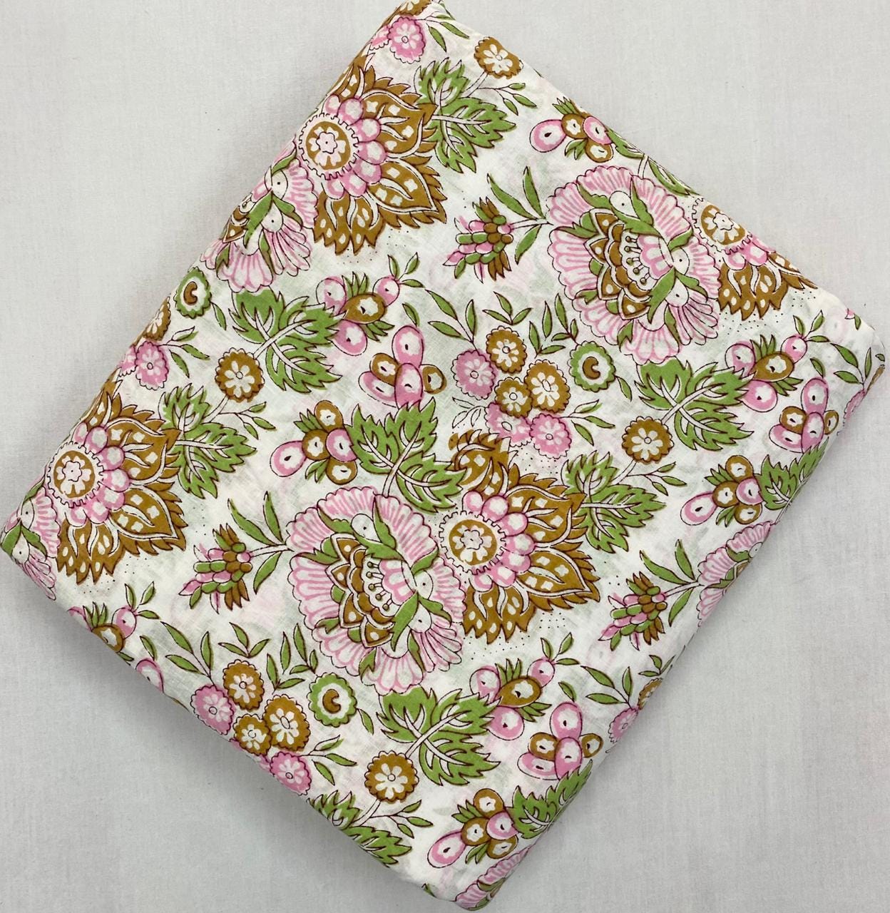 Green Hand Block Print Fabric, Floral 100% Cotton Quilting Fabric By The Yard, Fabric For Dress Making, Loose Running Fabric, Napkin Fabric