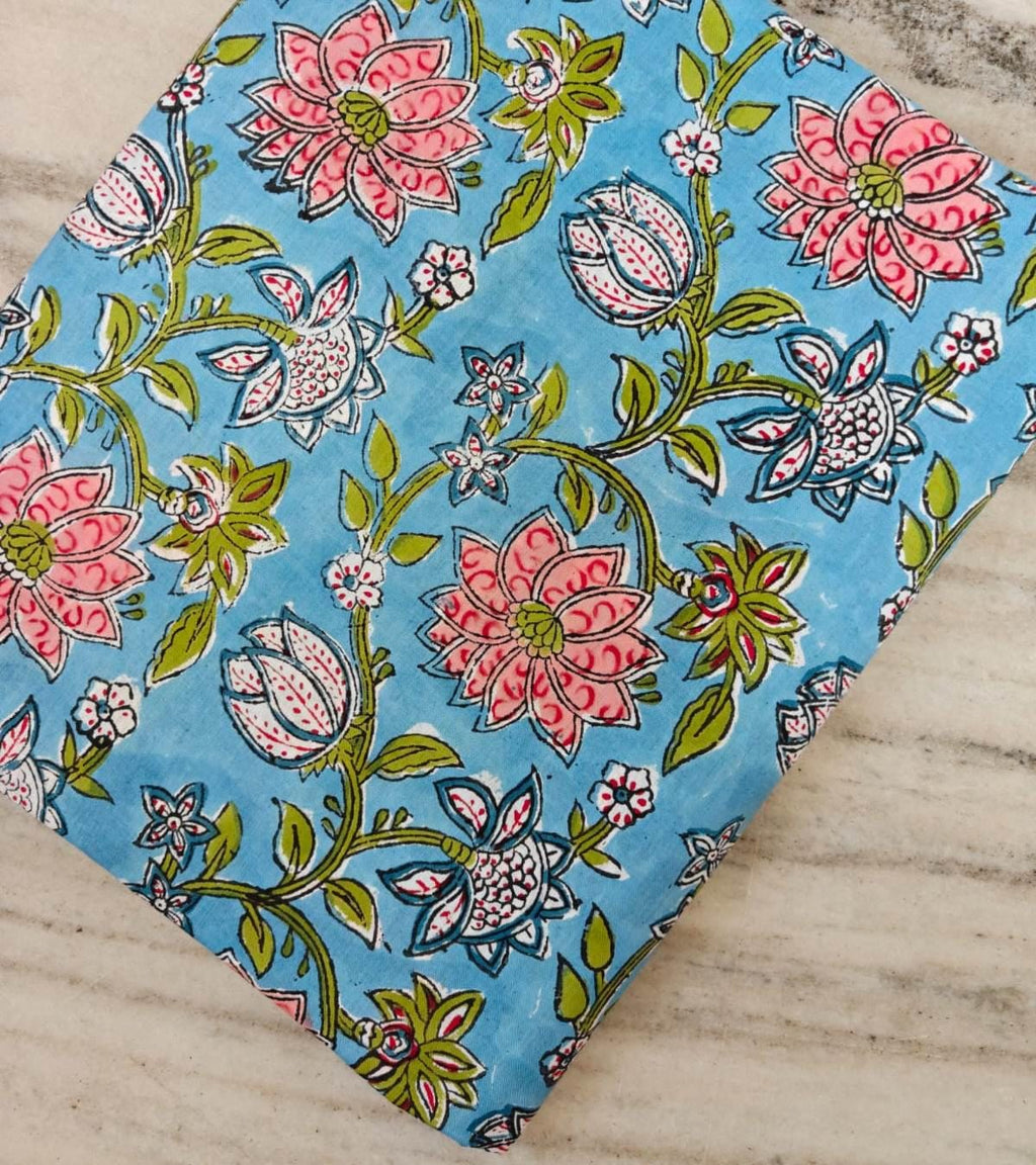 Blue Floral Cotton Fabric, Indian Block Print Fabric, Pink Lotus Flower Cotton by Yard, Hand Block Printed Fabric, Sewing Dressmaking Fabric