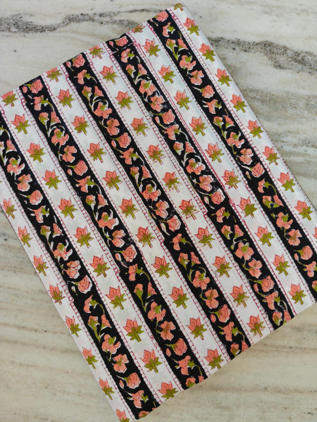White and Black Floral Stripe Cotton Fabric by Yard, Indian Hand Block Print Fabric, Peach Flower Cotton Material for Dressmaking, Quilting