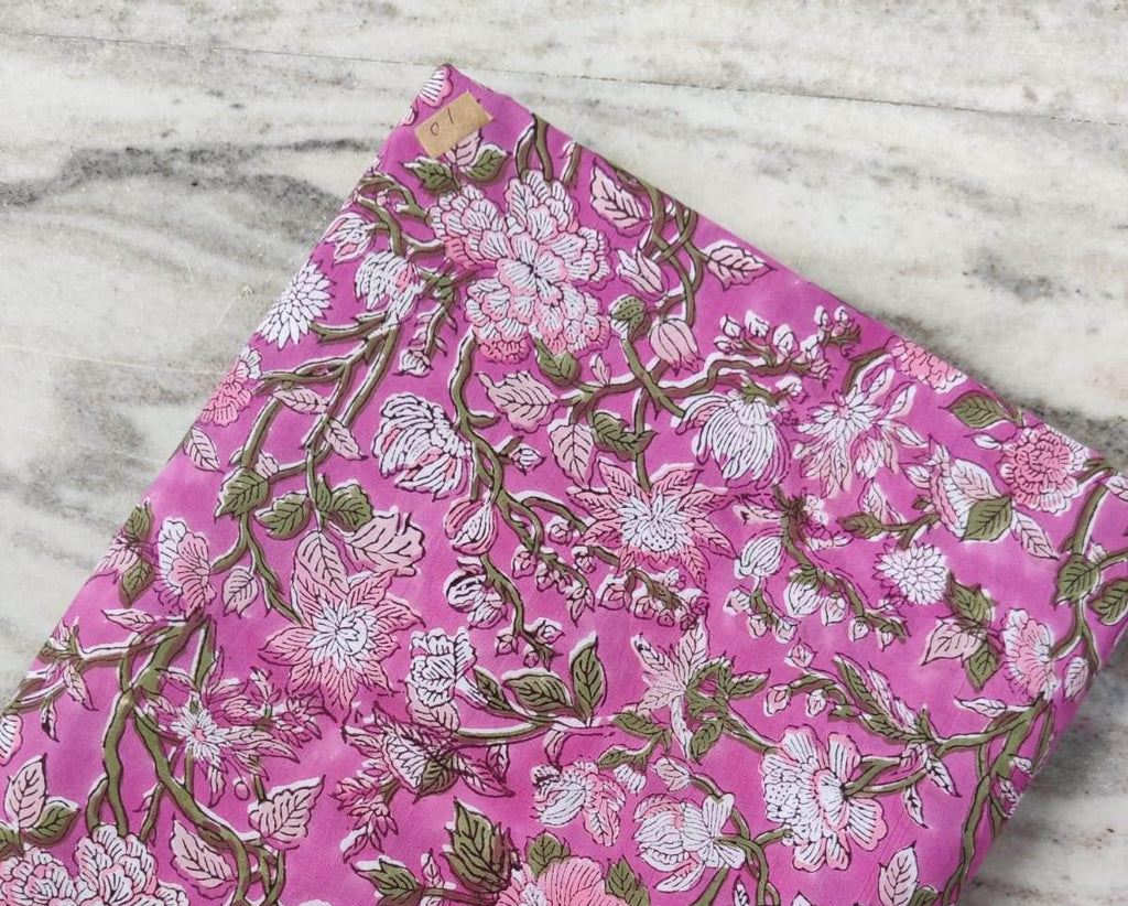 Pink Floral Cotton Fabric by the Yard, Hand Block Print Flowers, Soft Indian Cotton for Quilting, Sewing, Dressmaking Crafts, Textile Fabric