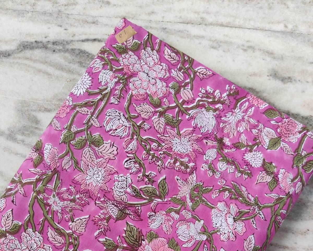 Pink Floral Cotton Fabric by the Yard, Hand Block Print Flowers, Soft Indian Cotton for Quilting, Sewing, Dressmaking Crafts, Textile Fabric